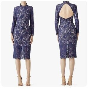 KEEPSAKE the Label Navy Blue Momento Lace Midi Dress Mock Neck Size Small $235